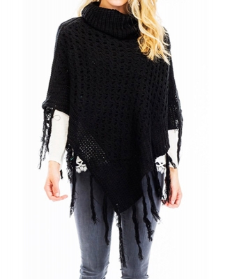 Turtleneck V Shaped Fringe Poncho WSF215 BLACK